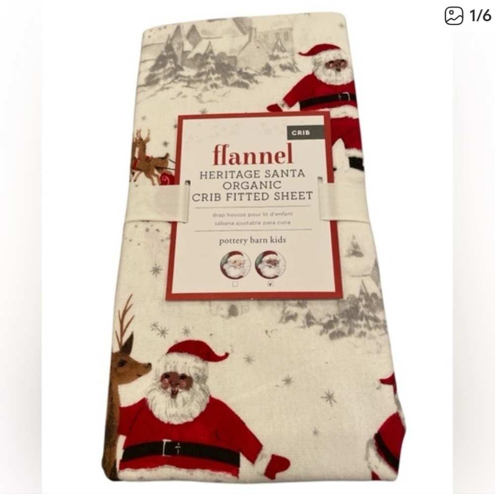 Pottery Barn Kids Heritage Black Santa Organic Flannel Fitted Crib Sheet NWT